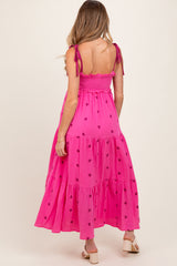 Pink Embroidered Smocked Shoulder Tie Maternity Maxi Dress