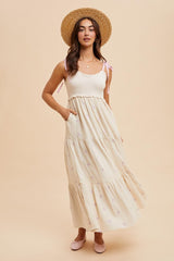 Cream Embroidered Smocked Shoulder Tie Maxi Dress