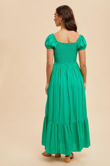 Green Ruffle Detail Square Neck Maxi Dress