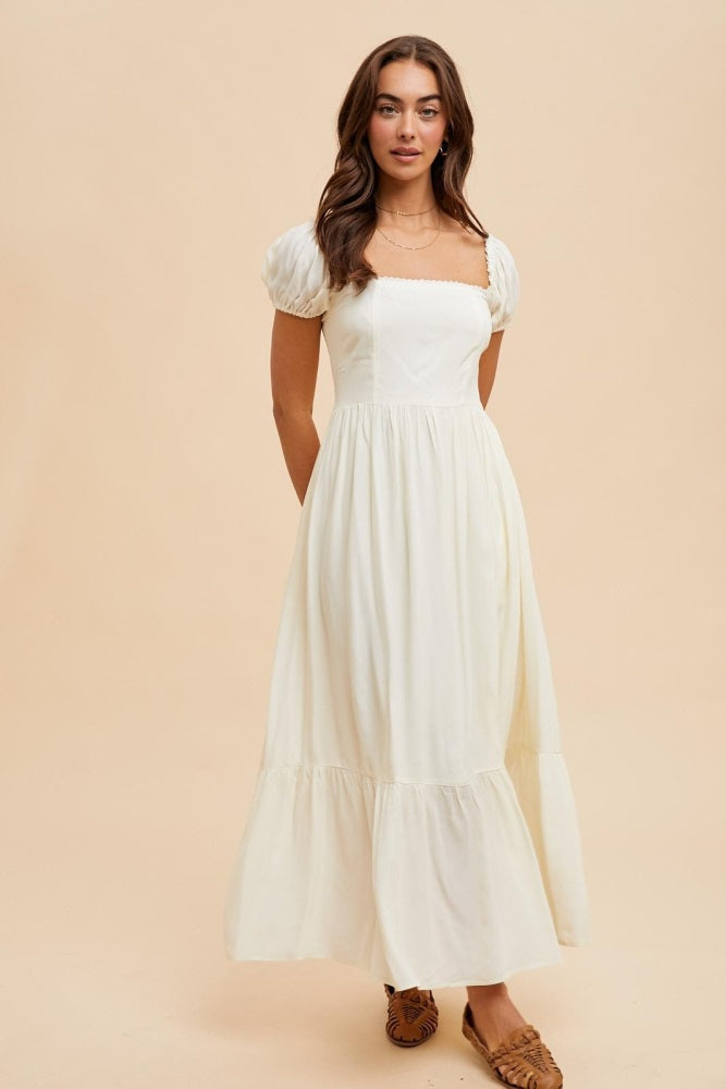 Ivory Ruffle Detail Square Neck Maxi Dress