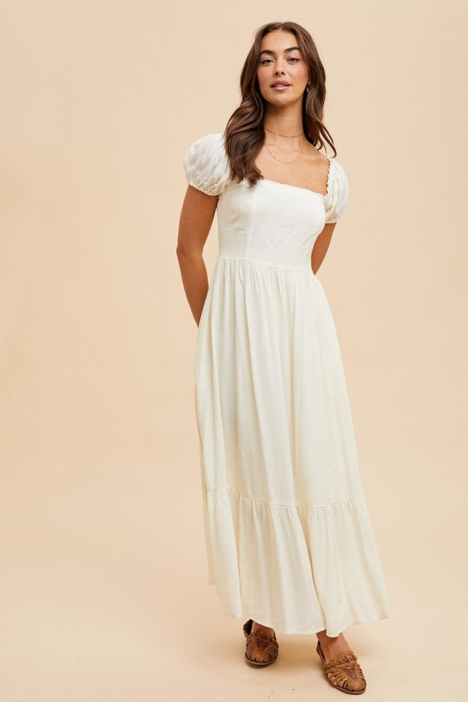 Ivory Ruffle Detail Square Neck Maxi Dress