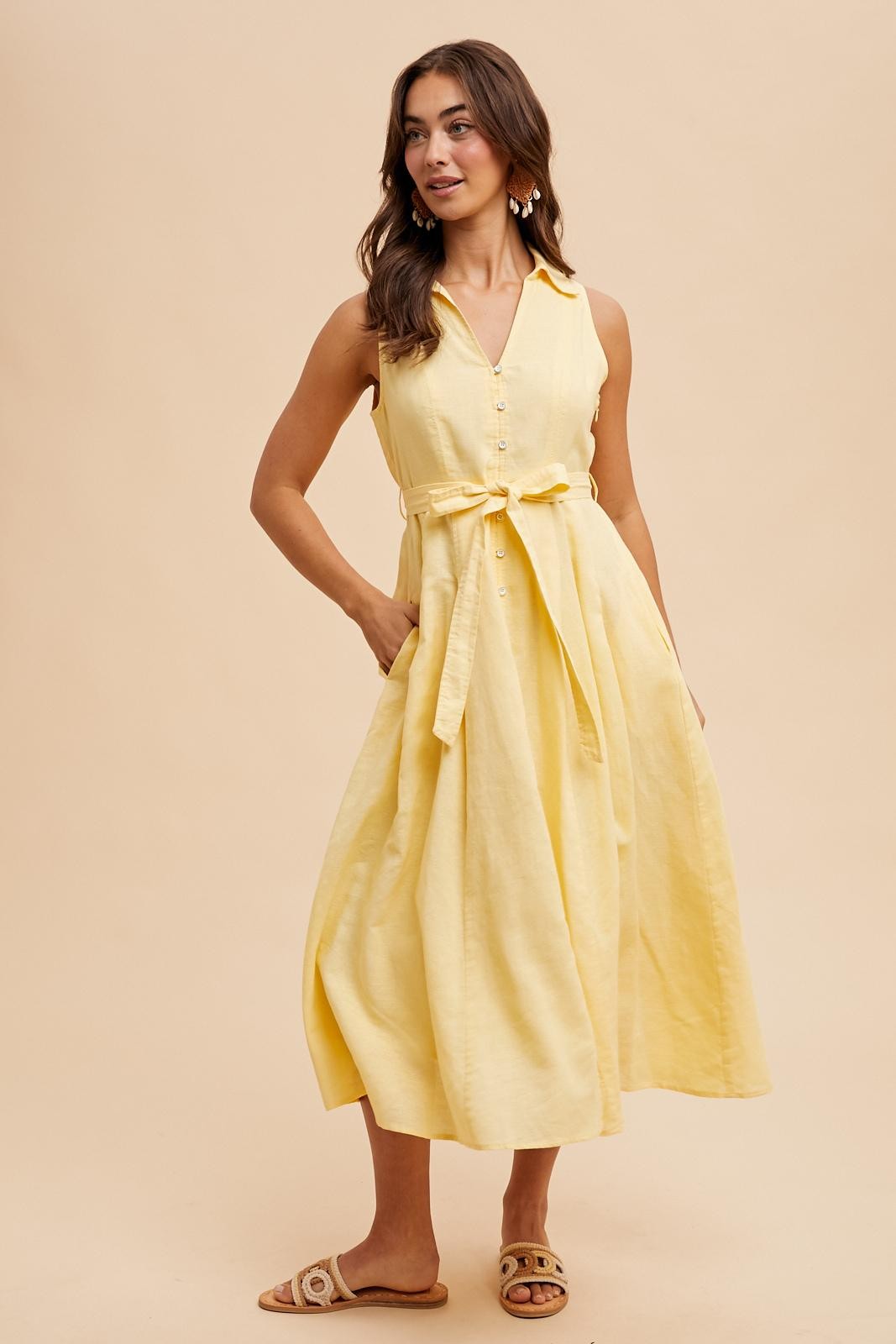 Yellow Sleeveless Linen Blend Midi Shirt Dress
