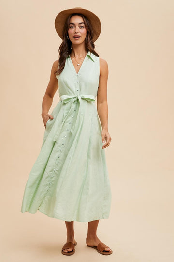 Mint Green Sleeveless Linen Blend Midi Shirt Dress