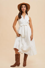 White Sleeveless Linen Blend Midi Shirt Dress