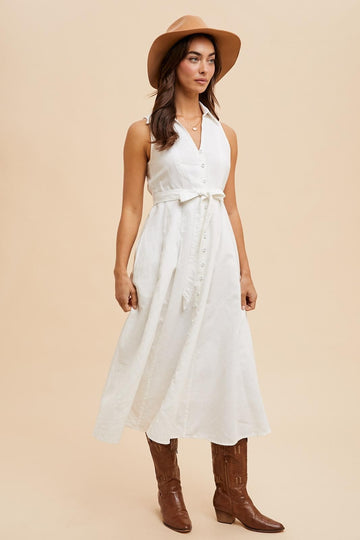 White Sleeveless Linen Blend Midi Shirt Dress