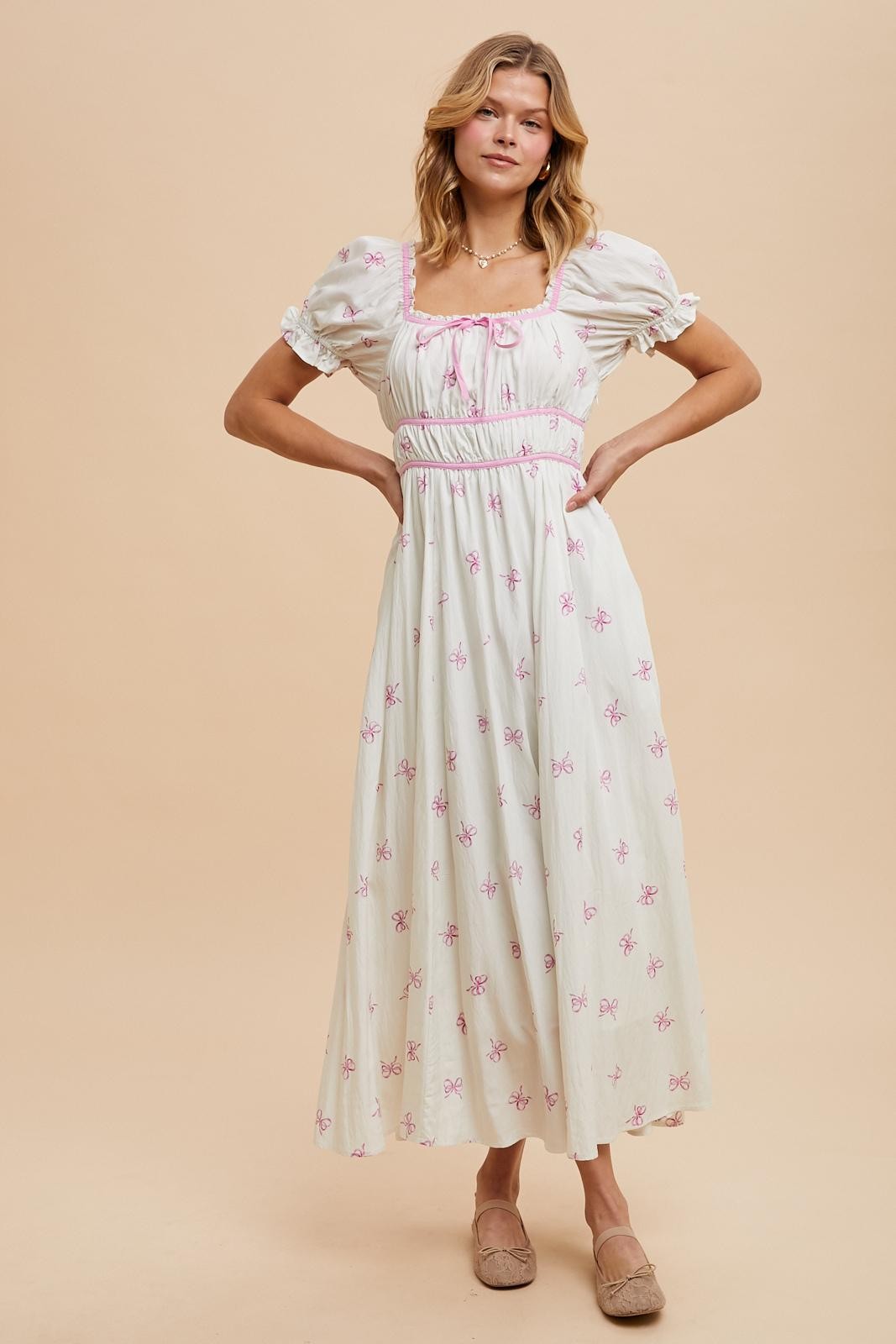 Ivory Bow Print Shirred Bodice Puff Sleeve Dress