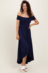 Navy Smocked Off The Shoulder Midi Dress