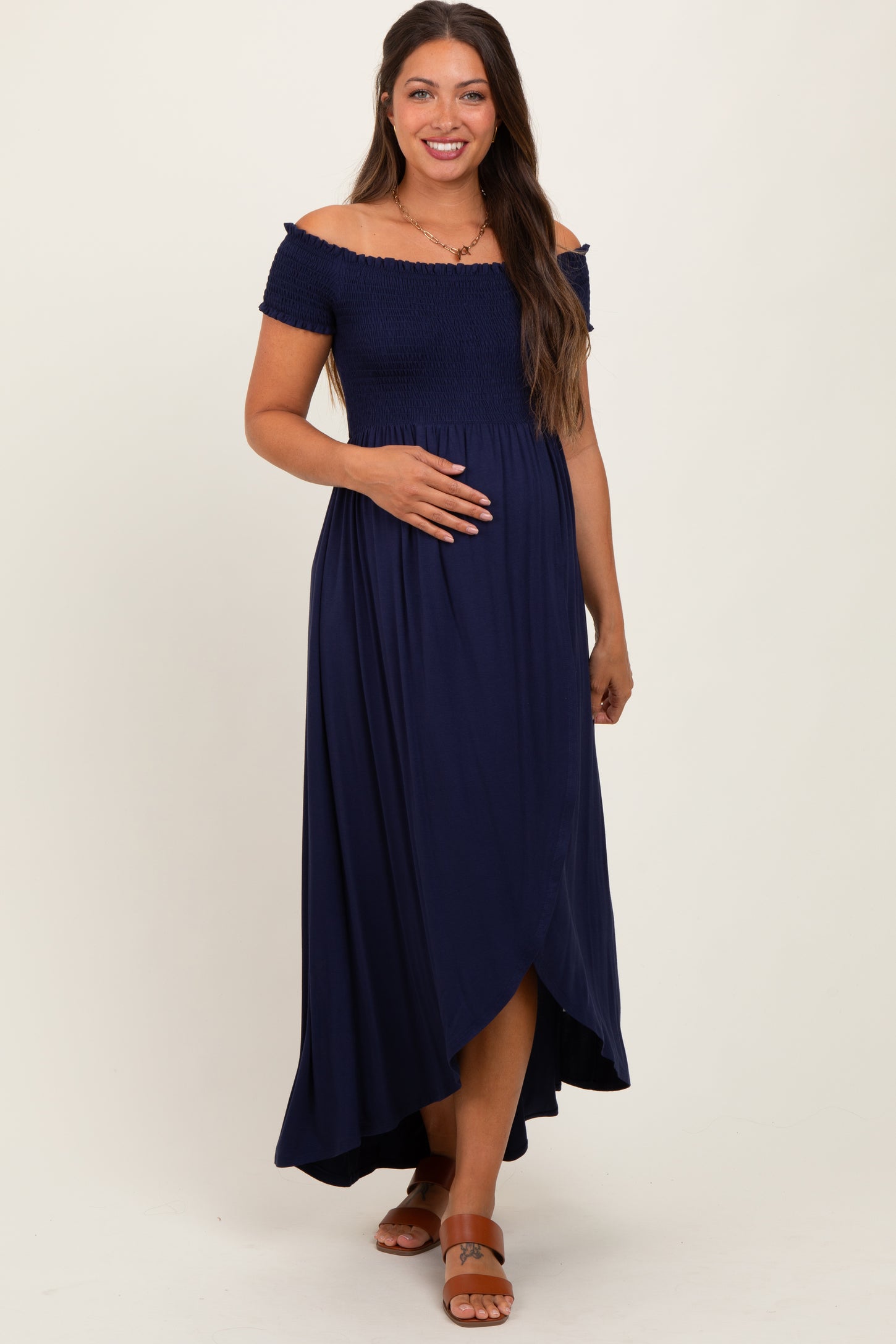 Navy Smocked Off The Shoulder Maternity Midi Dress