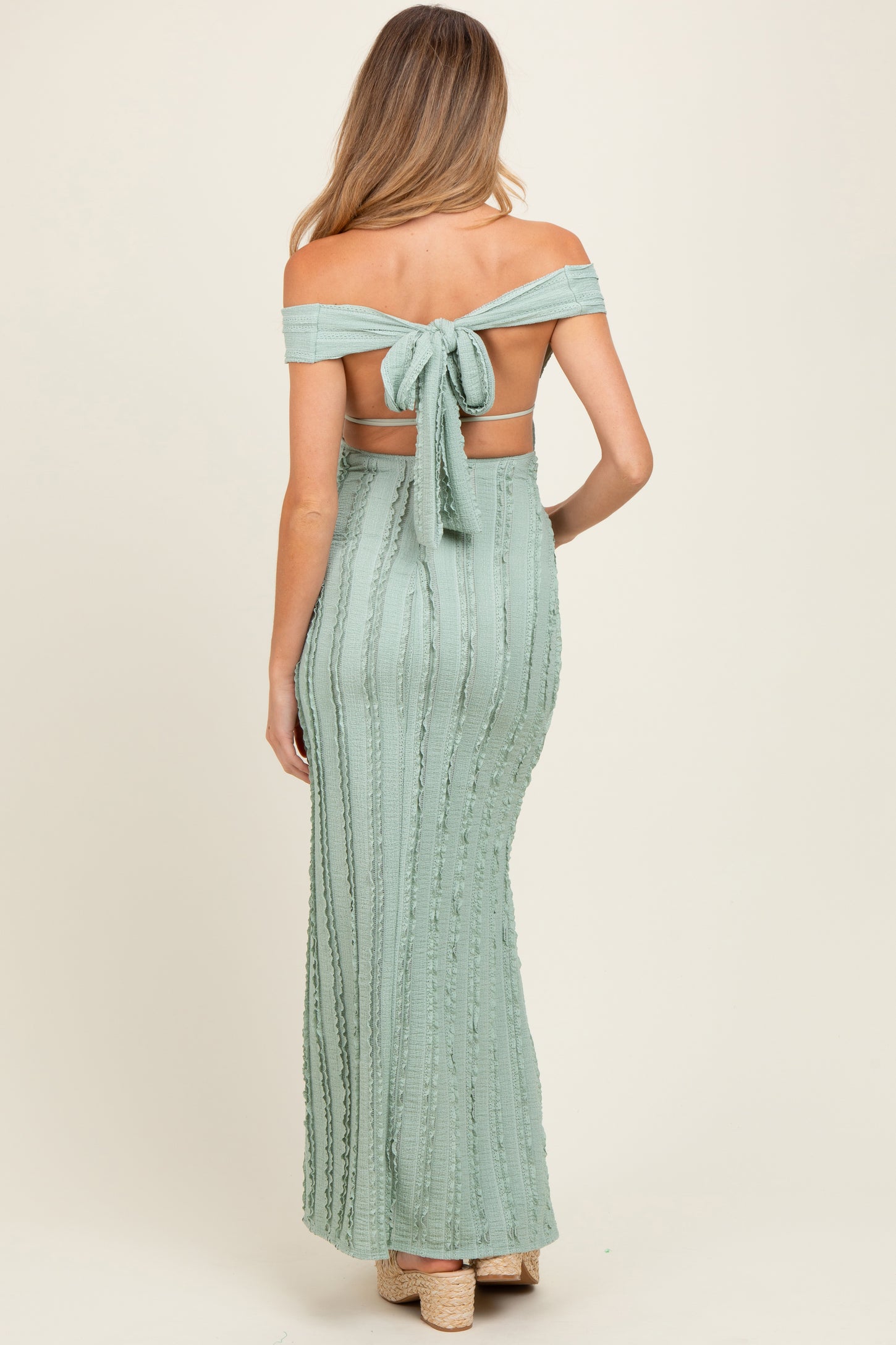Light Olive Ruffle Texture Convertible Backless Maternity Maxi Dress