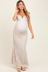 Cream Ruffle Texture Convertible Backless Maternity Maxi Dress
