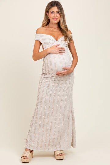 Cream Ruffle Texture Convertible Backless Maternity Maxi Dress