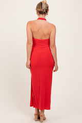 Red Halter Low Back Ruched Midi Dress