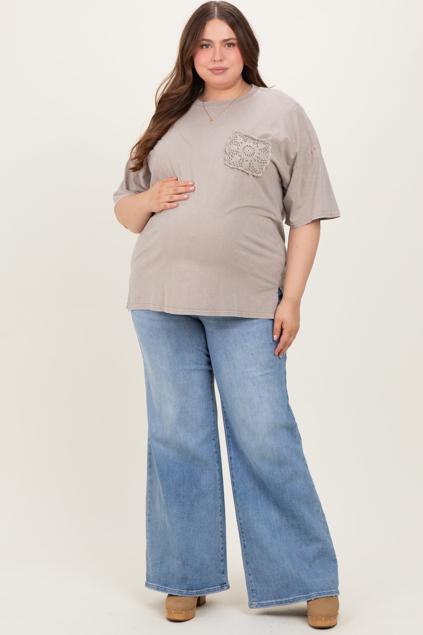 Blue Front Yoke Detail Wide Leg Maternity Plus Jeans