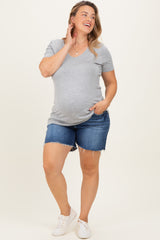 Navy Blue Raw Cut Hem Maternity Plus Denim Shorts