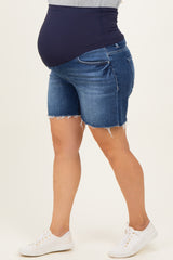 Navy Blue Raw Cut Hem Maternity Plus Denim Shorts