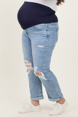 Light Blue Ripped Knee Rolled Cuff Straight Leg Maternity Plus Jeans