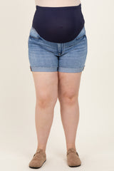 Blue Raw Cut Hem Cuffed Maternity Plus Jean Shorts