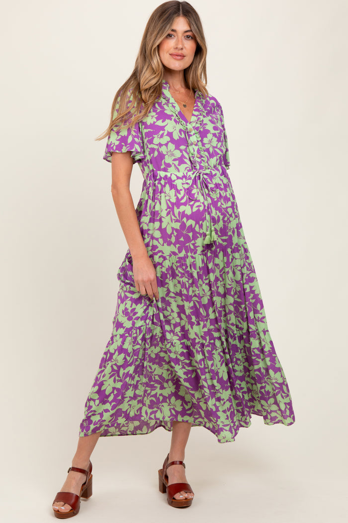 Mint Green Button Ruffle Detail Maternity Maxi Dress