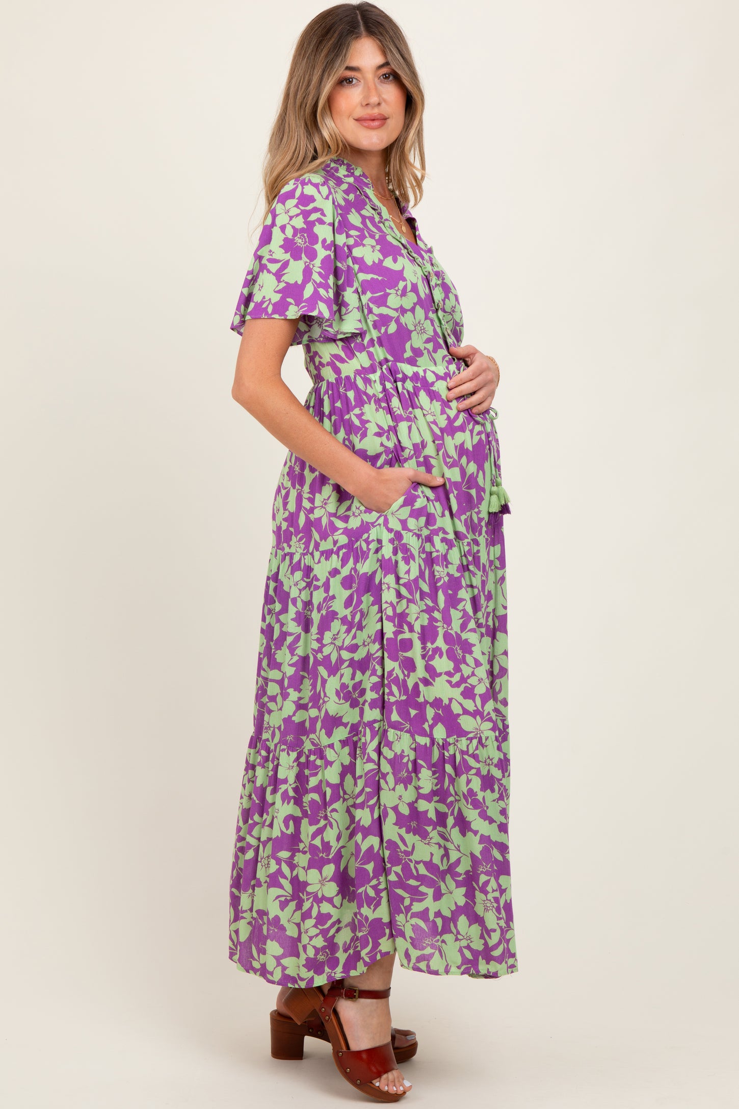 Mint Green Button Ruffle Detail Maternity Maxi Dress