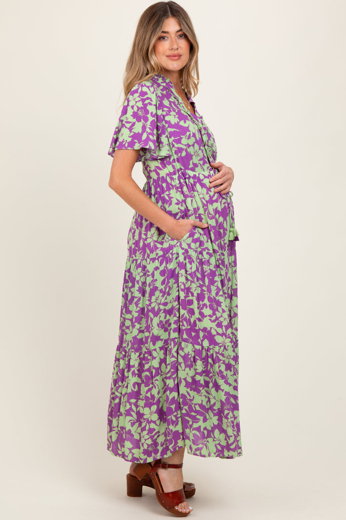Mint Green Button Ruffle Detail Maternity Maxi Dress