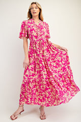 Fuchsia Button Ruffle Detail Maxi Dress