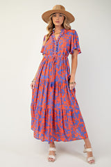 Orange Button Ruffle Detail Maternity Maxi Dress