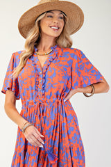 Orange Button Ruffle Detail Maxi Dress