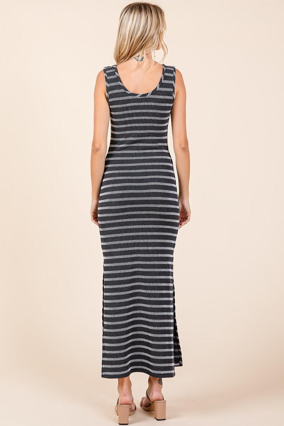 Black Striped Ribbed Sleeveless Side Slit Maxi Dress