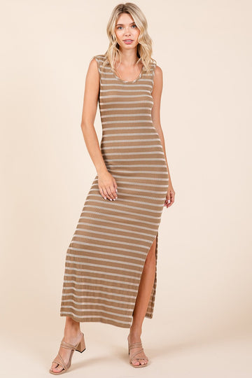 Camel Striped Ribbed Sleeveless Side Slit Maxi Dress