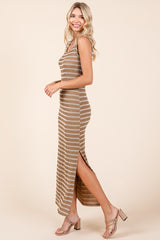 Camel Striped Ribbed Sleeveless Side Slit Maxi Dress