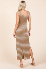 Camel Striped Ribbed Sleeveless Side Slit Maxi Dress