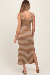 Camel Striped Ribbed Sleeveless Side Slit Maternity Maxi Dress