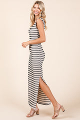 Ivory Striped Ribbed Sleeveless Side Slit Maxi Dress