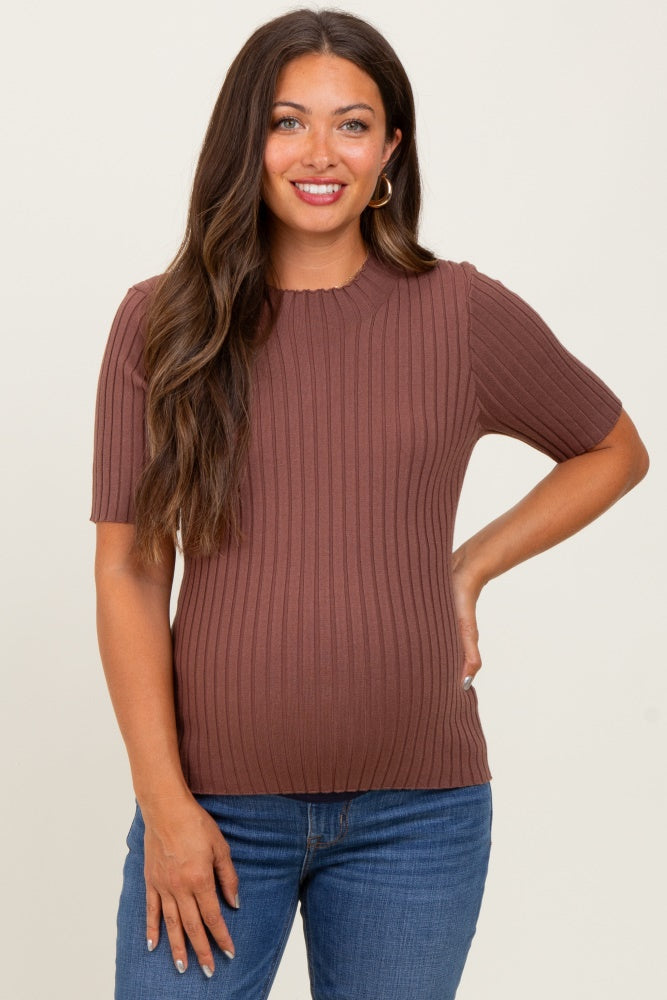 Mocha Ribbed Mock Neck Knit Maternity Short Sleeve Top