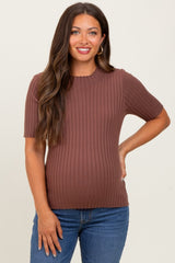 Mocha Ribbed Mock Neck Knit Maternity Short Sleeve Top