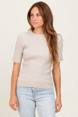 Cream Ribbed Mock Neck Knit Short Sleeve Top