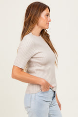 Cream Ribbed Mock Neck Knit Short Sleeve Top