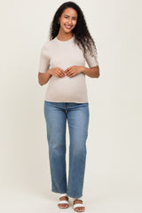 Cream Ribbed Mock Neck Knit Maternity Short Sleeve Top