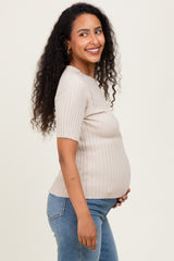 Cream Ribbed Mock Neck Knit Maternity Short Sleeve Top