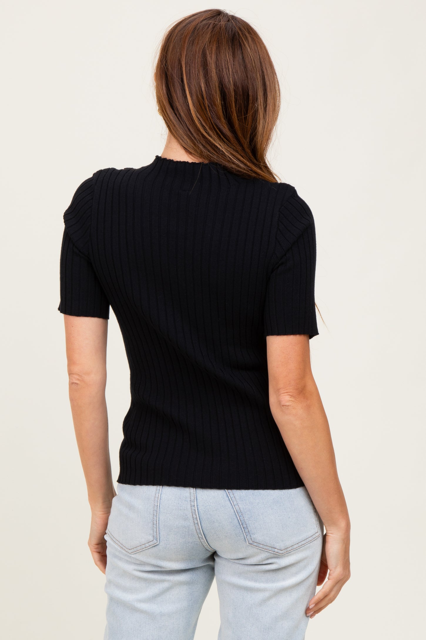 Black Ribbed Mock Neck Knit Short Sleeve Top