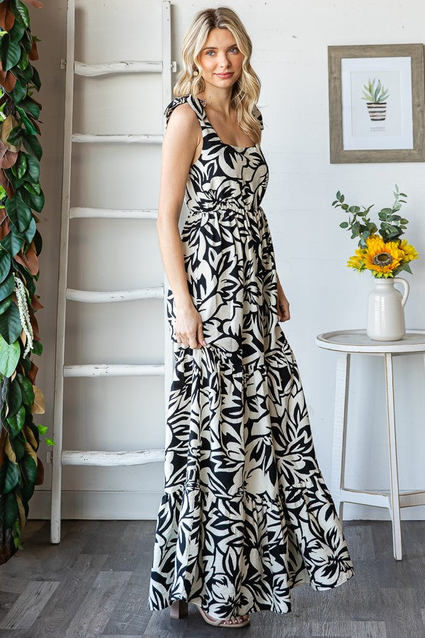 Black Floral Shoulder Tie Tiered Maxi Dress