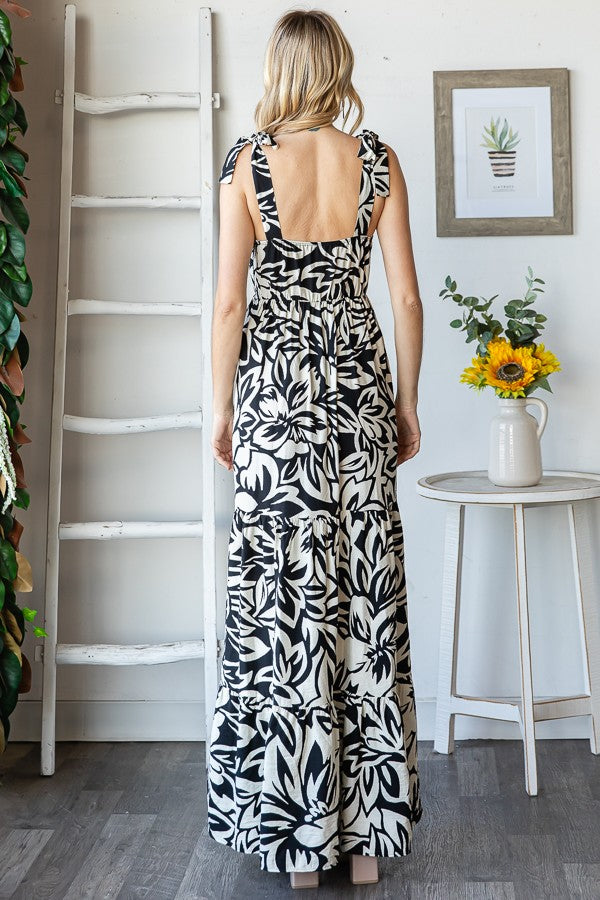 Black Floral Shoulder Tie Tiered Maxi Dress