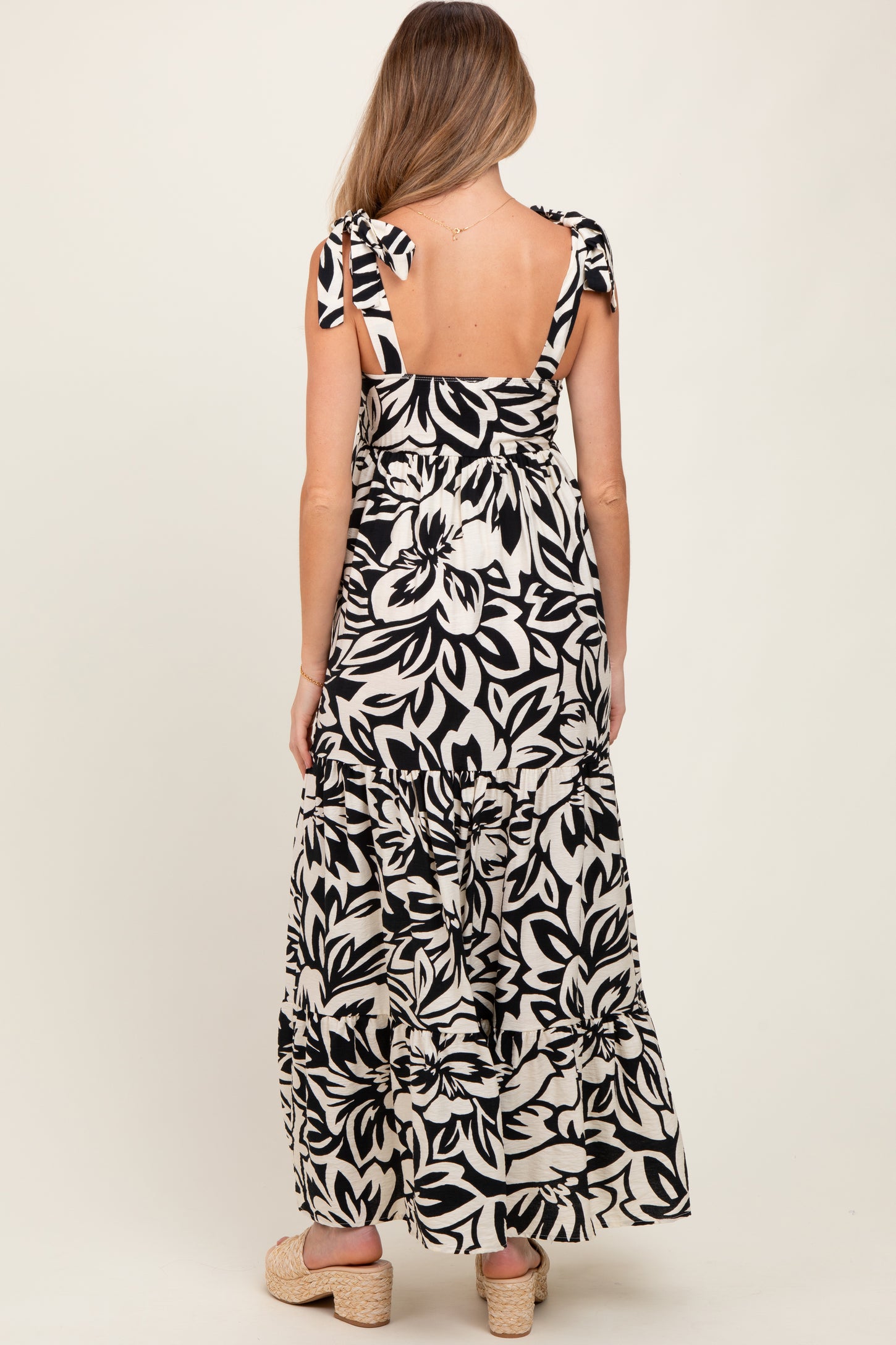 Black Floral Shoulder Tie Tiered Maternity Maxi Dress