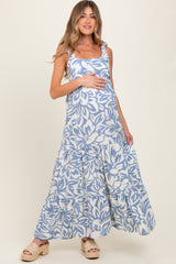 Blue Floral Shoulder Tie Tiered Maternity Maxi Dress