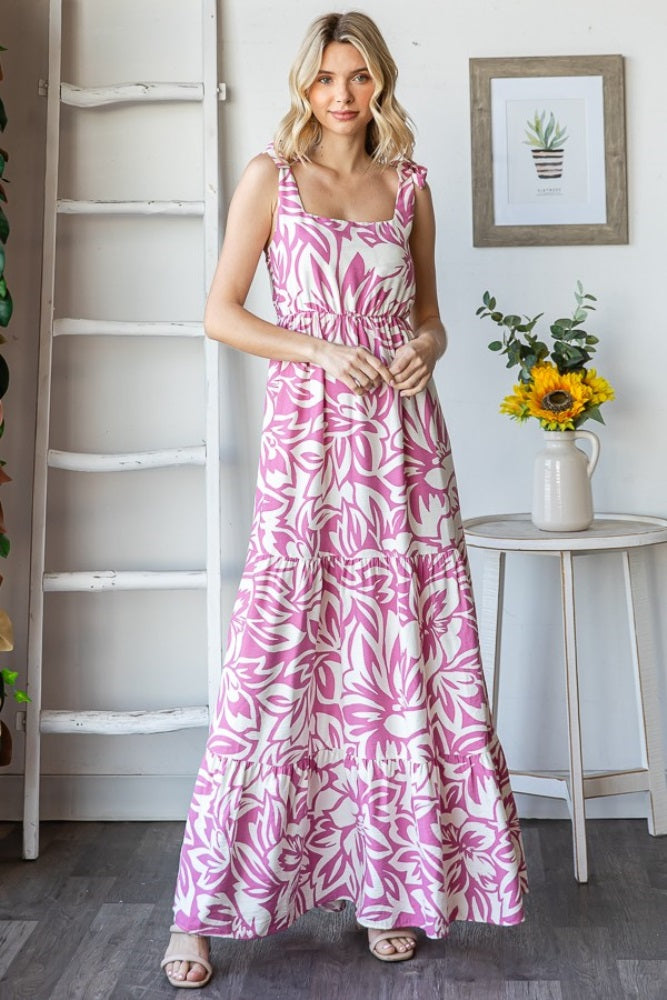 Mauve Floral Shoulder Tie Tiered Maternity Maxi Dress