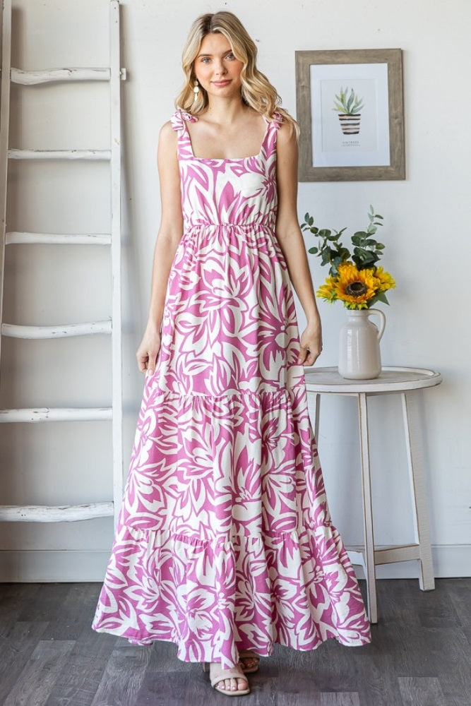 Mauve Floral Shoulder Tie Tiered Maxi Dress