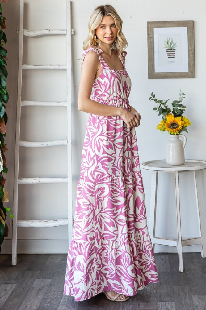 Mauve Floral Shoulder Tie Tiered Maxi Dress