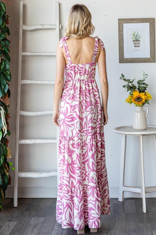 Mauve Floral Shoulder Tie Tiered Maxi Dress