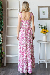 Mauve Floral Shoulder Tie Tiered Maxi Dress