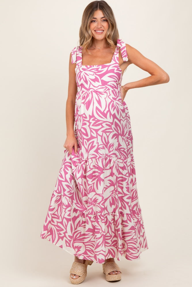 Mauve Floral Shoulder Tie Tiered Maternity Maxi Dress